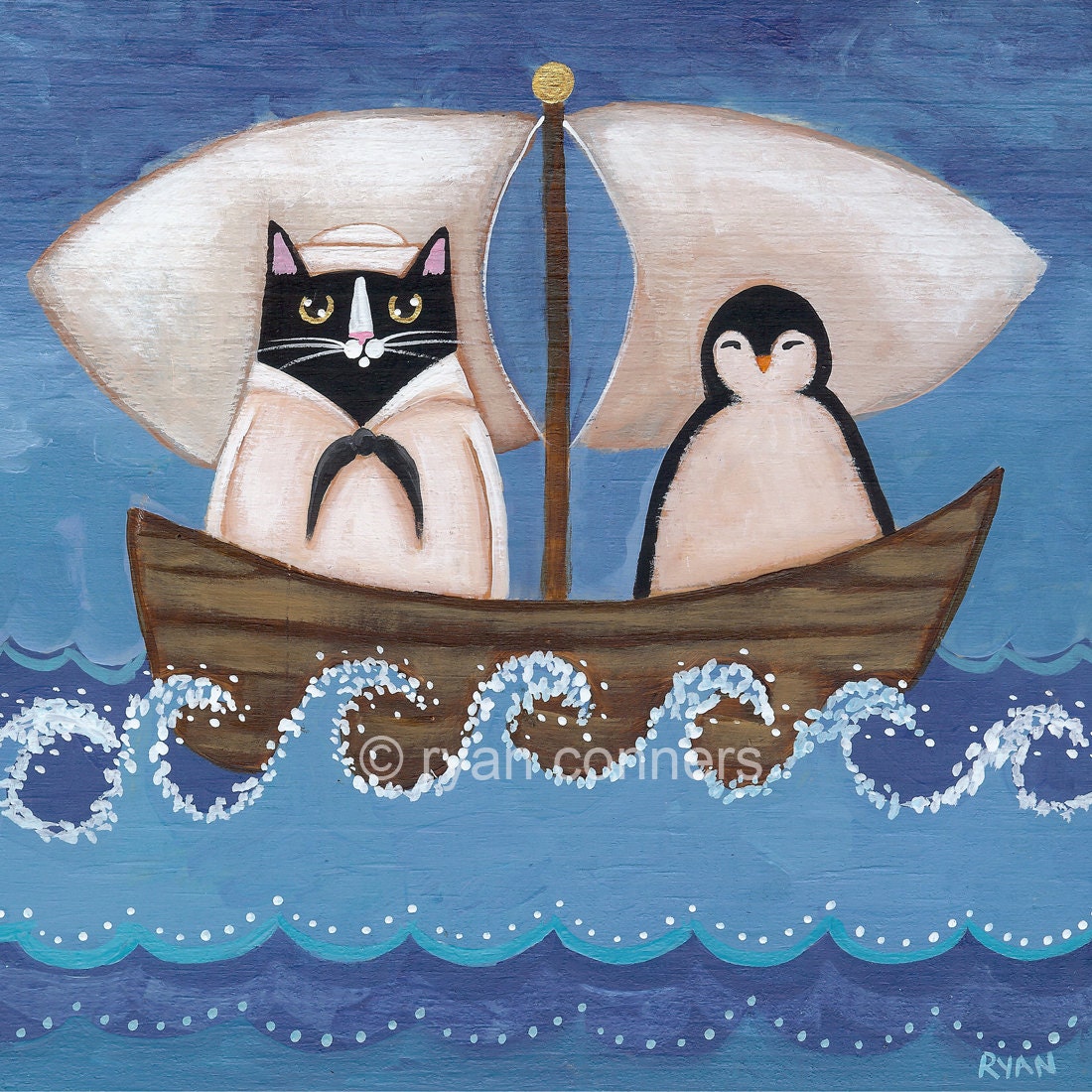 The Sailor Cat and Penguin Folk Art Digital Print