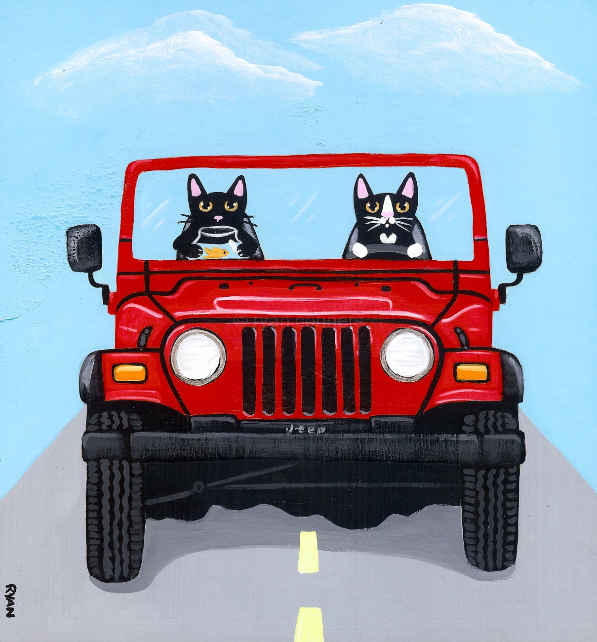 Jeep Road Trip Cats Original Cat Folk Art Painting