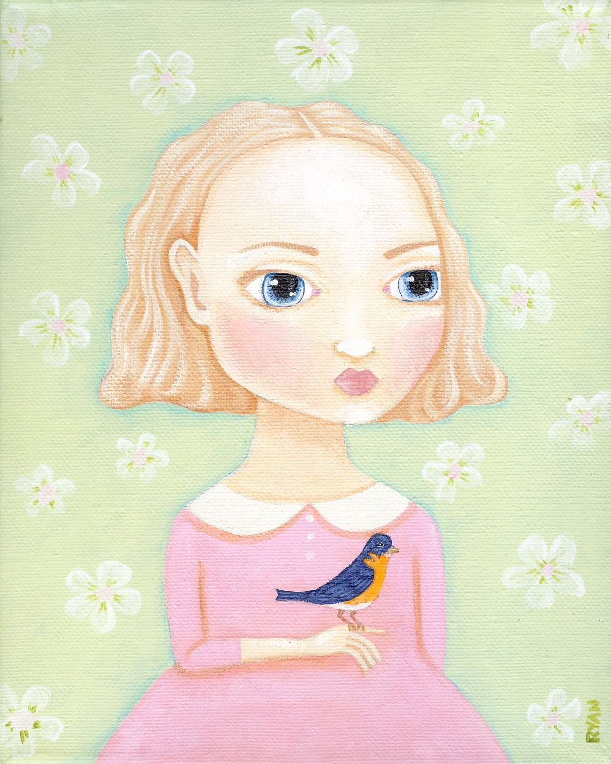 A Girl and Her Bluebird Original Bird Folk Art Painting