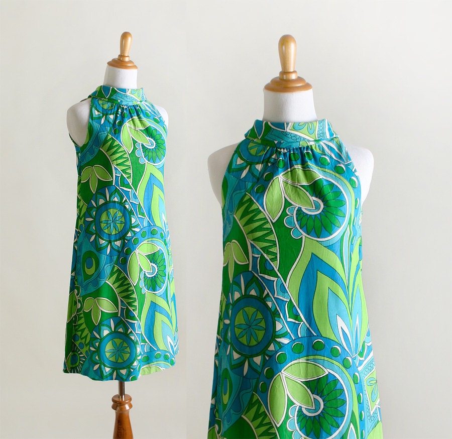Vintage 1960s Dress - Psychedelic Twiggy Tunic in Lime Green and Sky Blue - Small XS