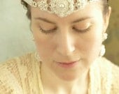 Pearl Wedding Headband Bandeau / Bridal Hair Accessory / Silver Lace / Vintage Crystals  "Serafina"