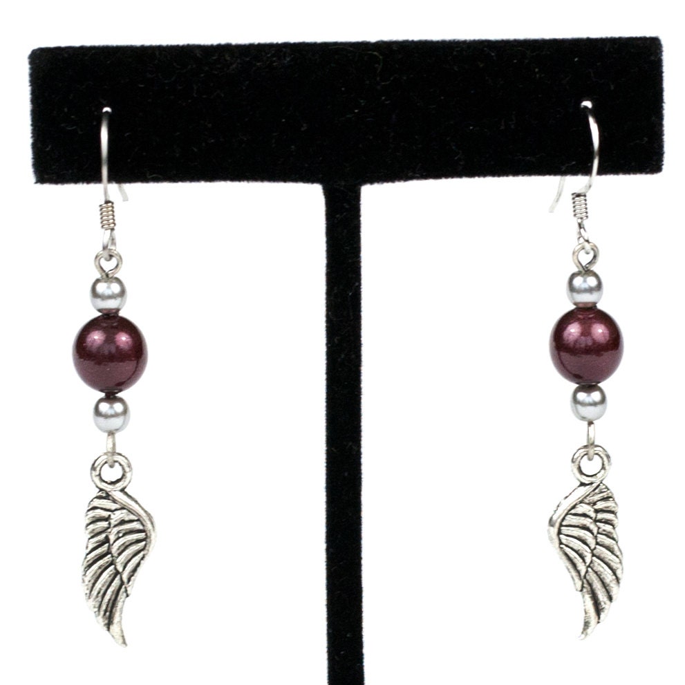 Steampunk Antiqued Silver Ornate Feather Wing Earrings with Burgundy and Pale Grey Pearl Beads by Velvet Mechanism