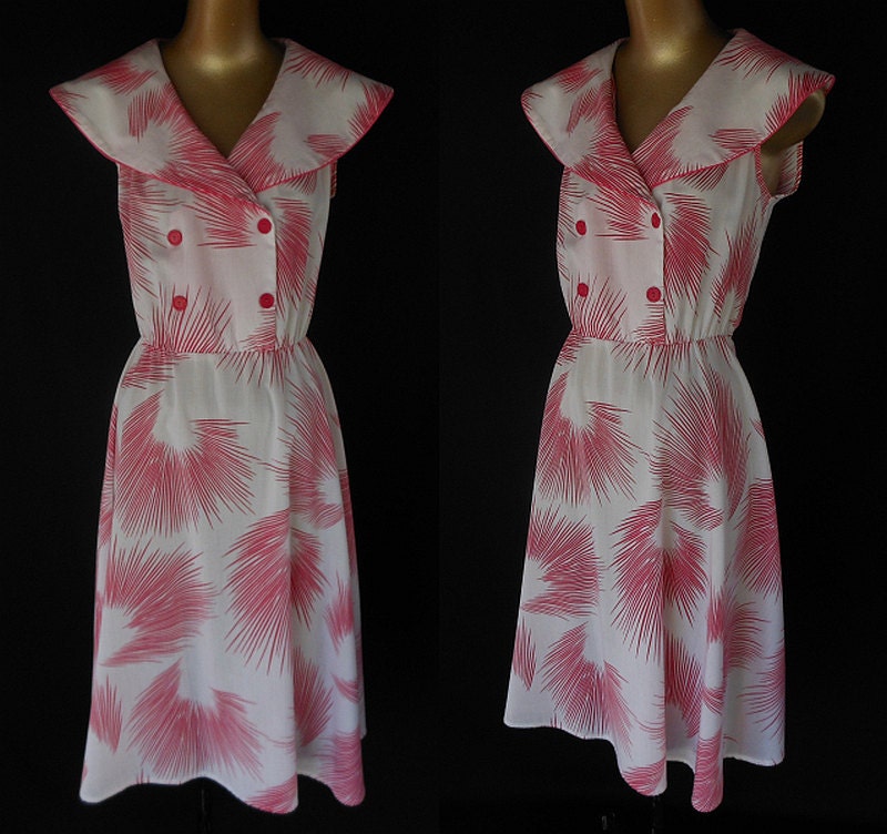 Vintage 70s Shirtwaist Dress - 1970s Abstract Fireworks Print Rayon Dress with Platter Collar - Hot Pink on White - Size M