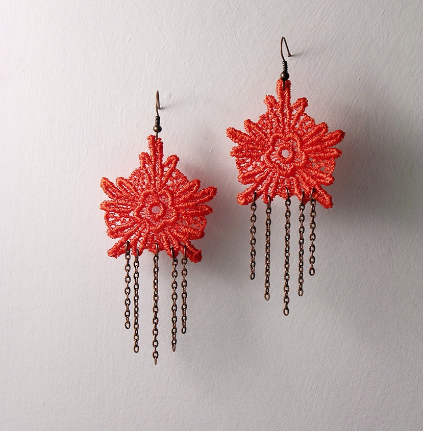 lace fringe earrings - FRANCOISE - tangerine - long earrings