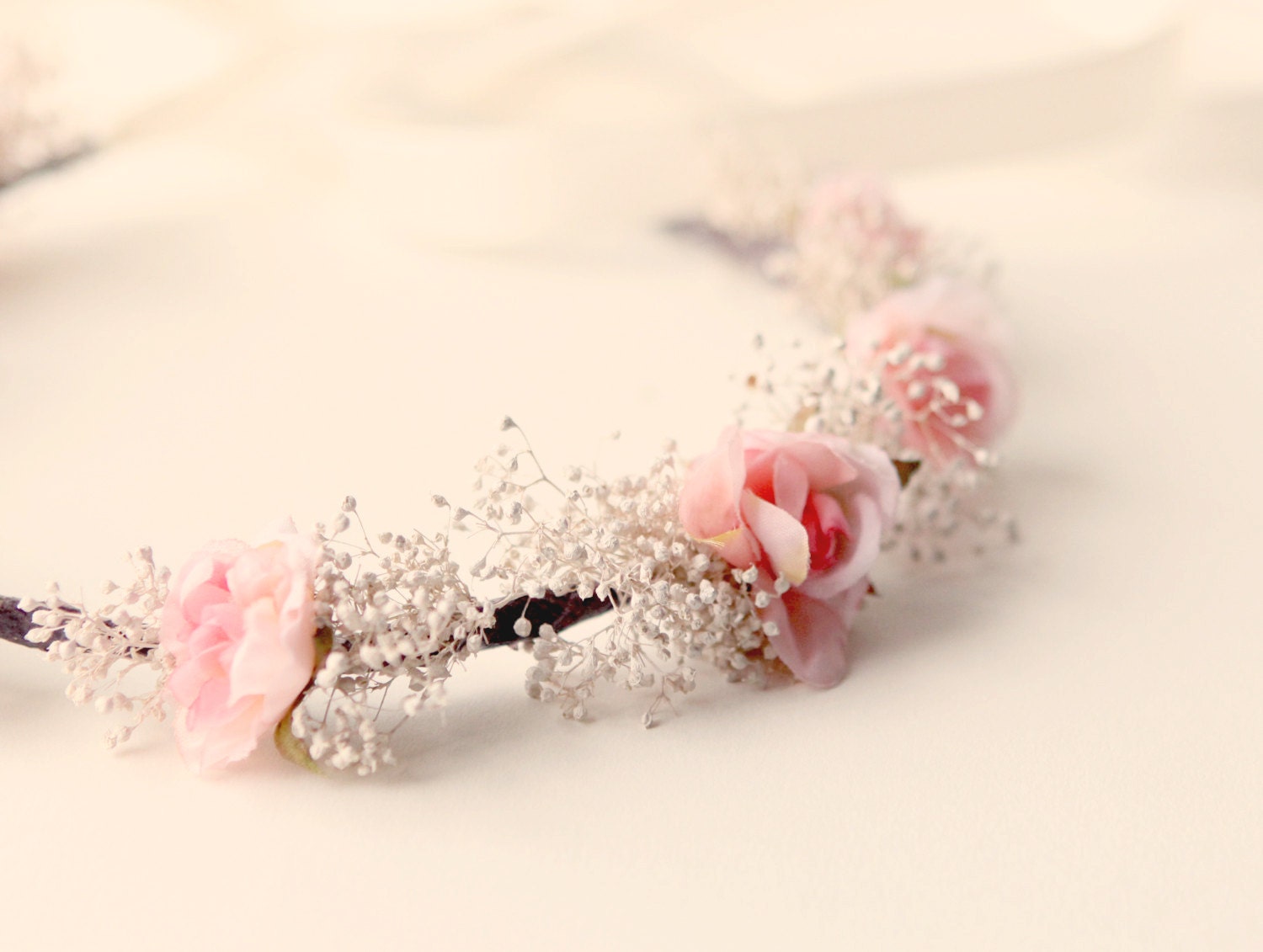 Bridal hair wreath, Pink flower crown with baby's breath 'PATISSERIE'
