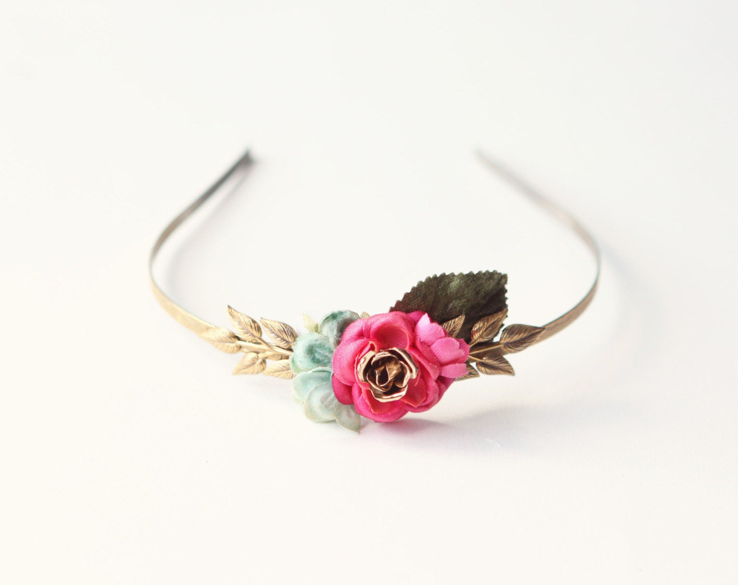 Golden metal flower headband, Bridal hair, pink and gold head piece