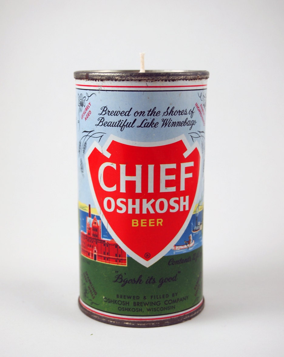 Cedar Campfire Soy Wax Candle in a Reused Chief Oshkosh Beer Can