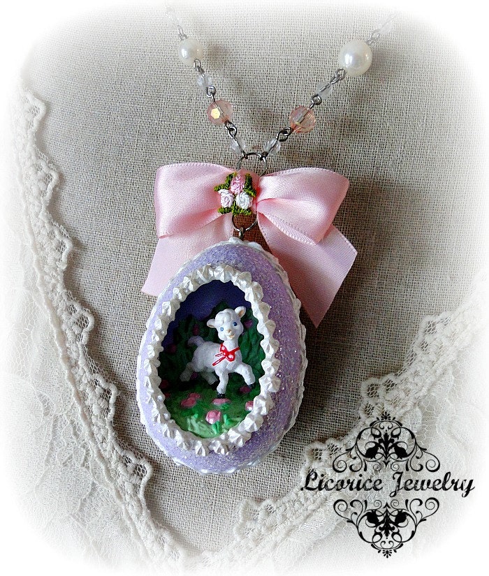Vintage Faux LAmb Sugar Egg Shadow Box Statement Necklace Spring Easter Rabbit retro shabby chic pink pearl bead bow