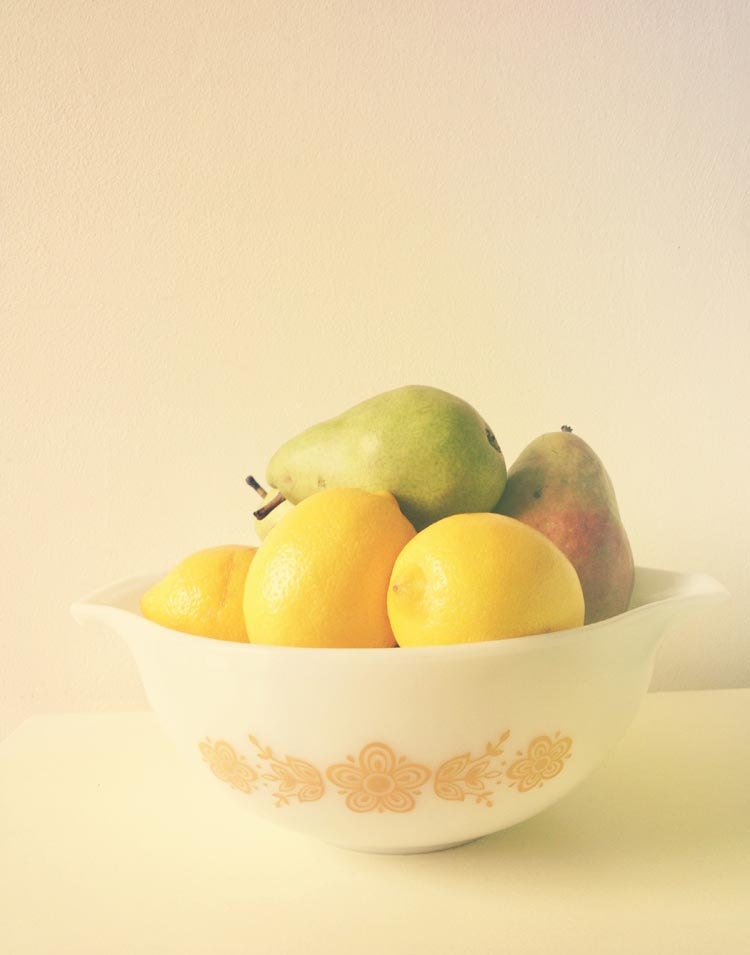 Retro Fruit . vintage bowl print . yellow white cream green . kitchen wall art . food photography . simple . lemon pear . rustic  spring