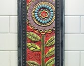 Wall Art - Bird on Blossom Clay Tile Wall Art - Colorful Pottery Mosaic Botanic Floral Home Decoration