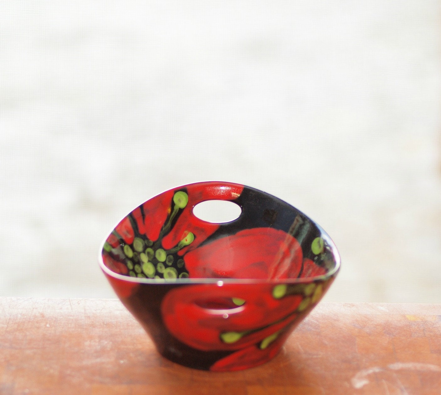 Red Poppy Floral Patterned Small Handle Bowl - Colorful Pottery Serving Botanic Home Decor Best Friend Birthday Mother's Day Gift