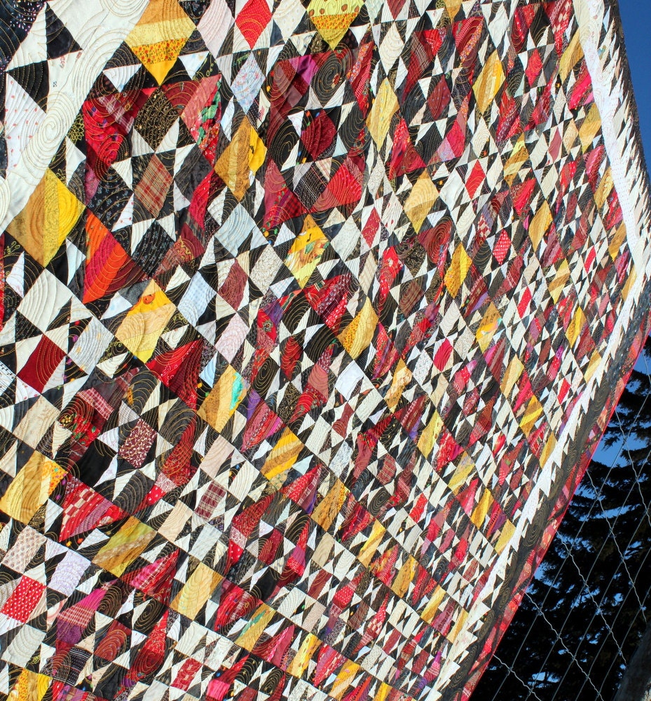 Patchwork Bed Quilt, Throw, Blanket,  Lap, Full or queen, Heirloom, Scrappy, yellow, red, black and cream - Orca Bay