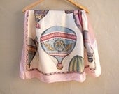 Vintage 80s ECHO scarf / antique hot air balloons / pink rolled edges // 34 x 35