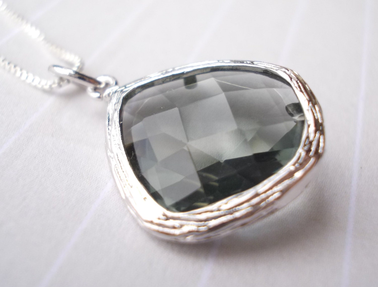 Silver necklace glass drop pendant fancy rose cut faceted black diamond 925 sterling chain charm smokey grey gray elegant rosecut charcoal