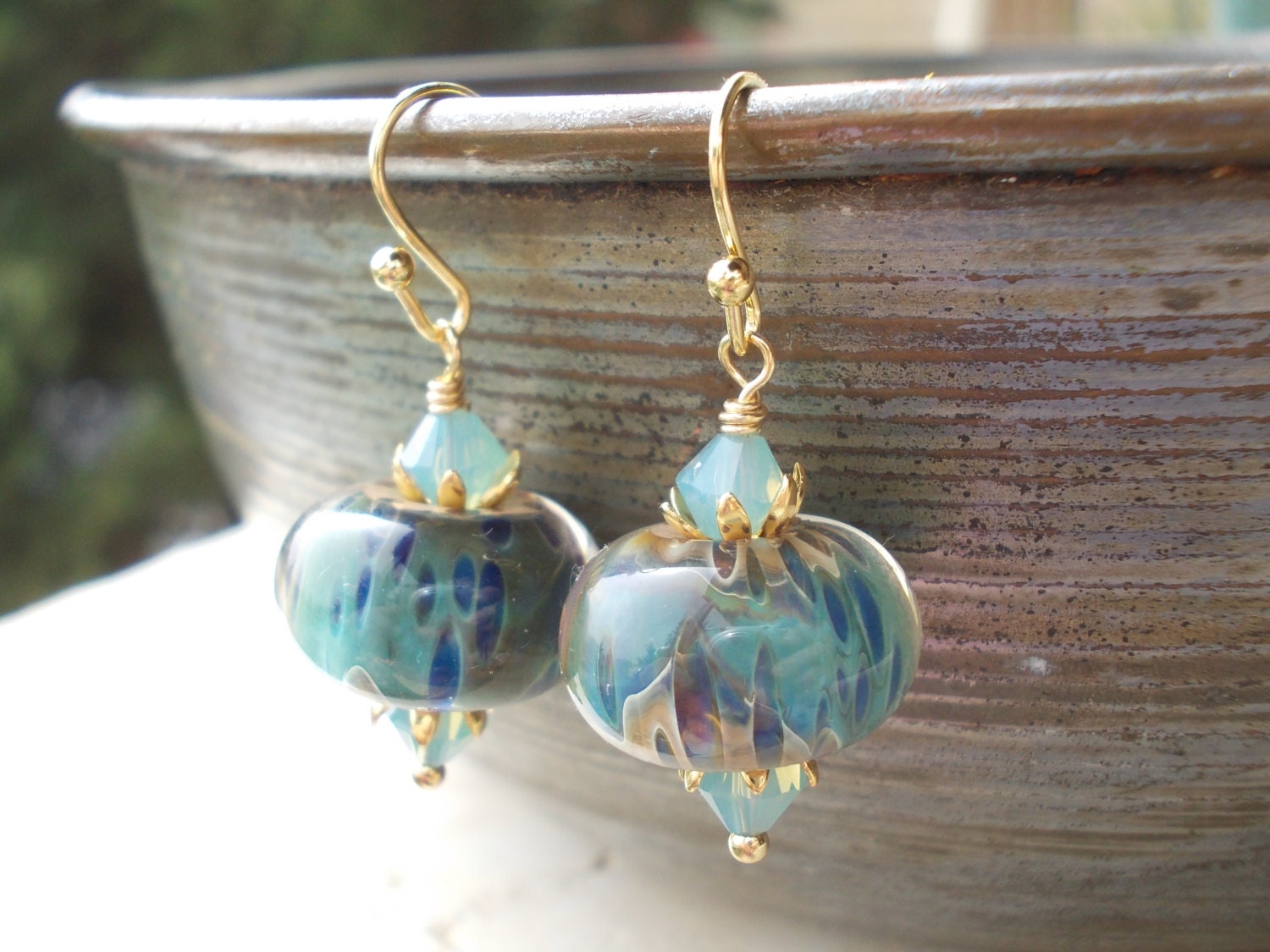 Sea and Sand women's dangle earrings lampwork glass beads pacific opal blue Swarovski crystals gold plated beach summer