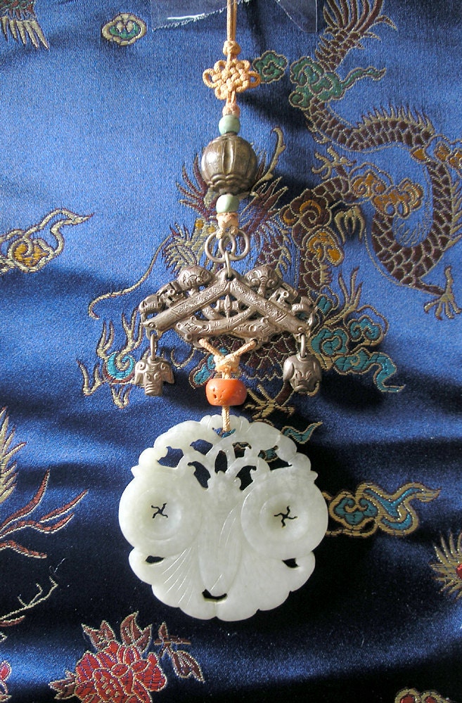 Qing Dynasty Jade and Silver Amulet- Celadon Nephrite, Silver, Gemstone Antique Chinese Amulet