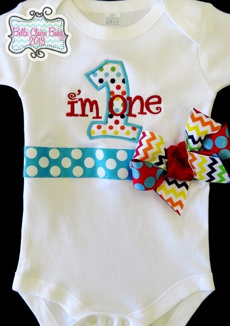 Rainbow Chevron First Birthday bodysuit Ready to ship size 12-18 months monogrammed short sleeved for girl glitter ribbons