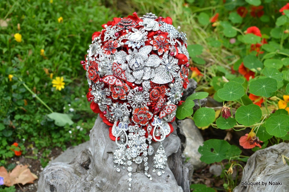 Red rose garden cascading brooch bouquet -- deposit on a made-to-order wedding bouquet