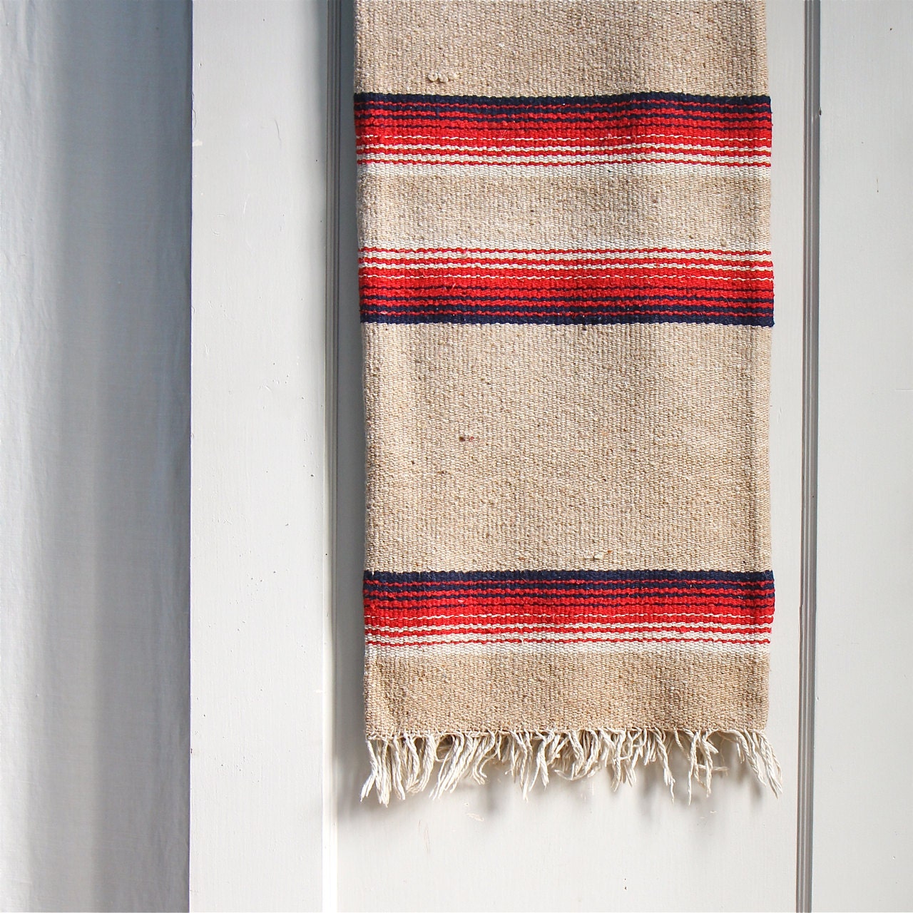 Vintage Southwestern Woven Wool Rug / 5 x 7, Navajo Style, Red and Blue
