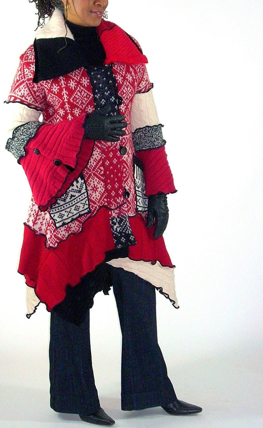 Sweater Coat, Red, Black and White Norwegian Pattern , Petunia Style, Size Medium ( 10-12-14)