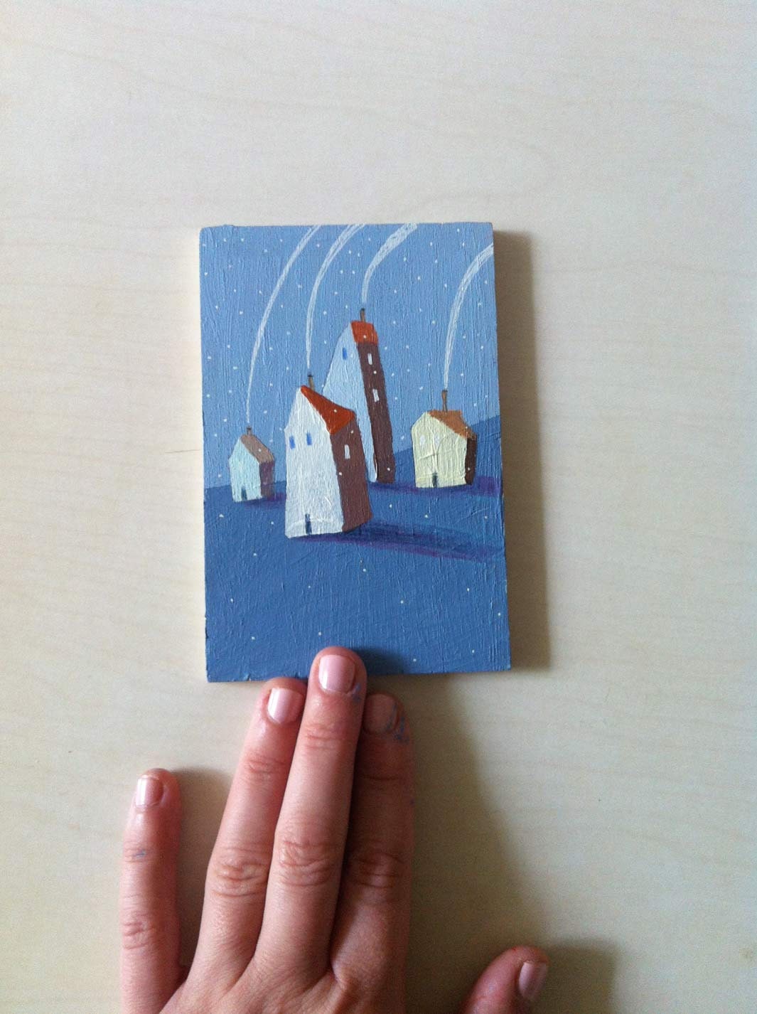 Evening village  tiny original painting