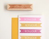 Bonjour, Hello Rubber Stamp in French, Original Typographic Design (Wood Mounted)