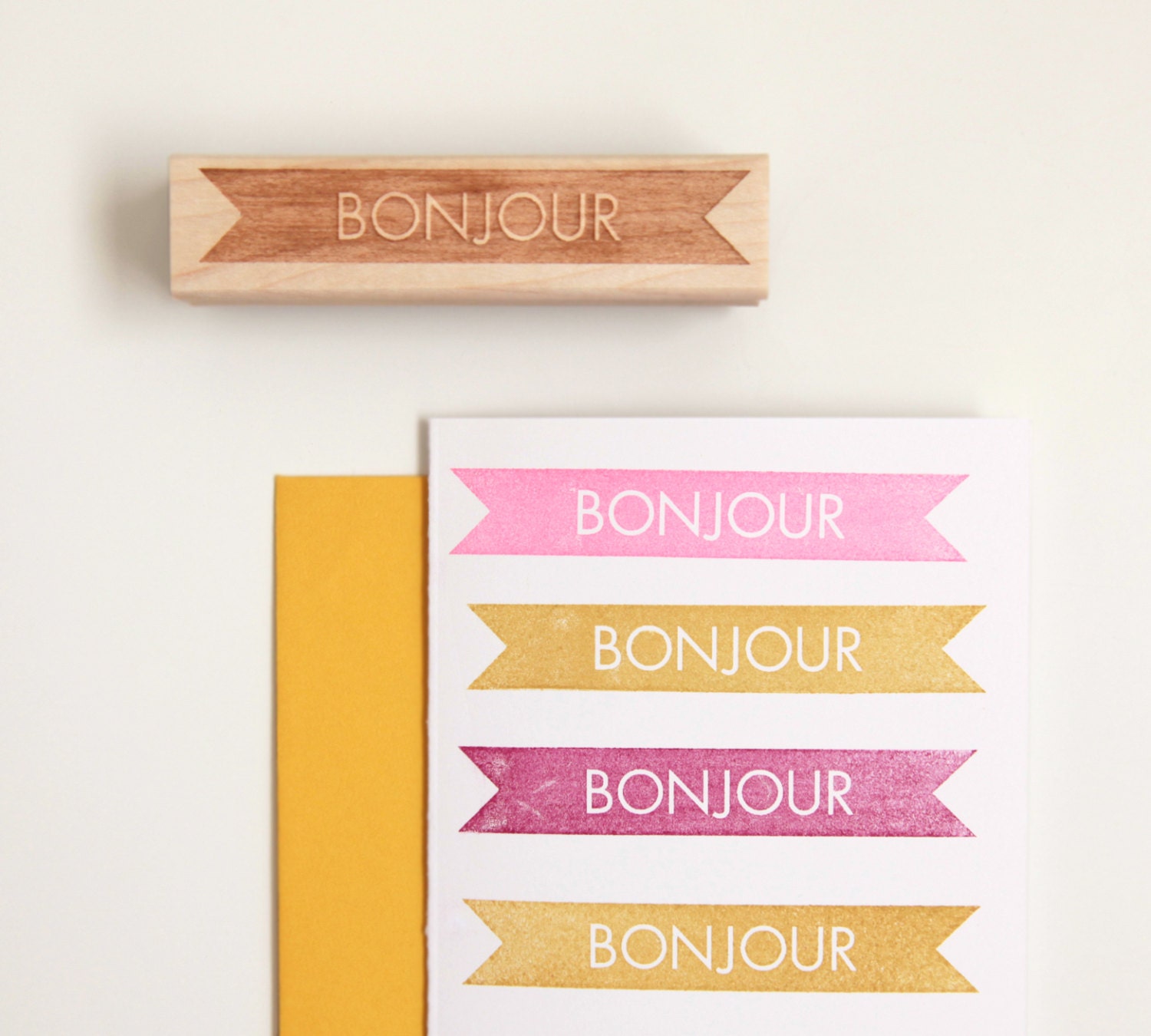 Bonjour, Hello Rubber Stamp in French, Original Typographic Design (Wood Mounted)