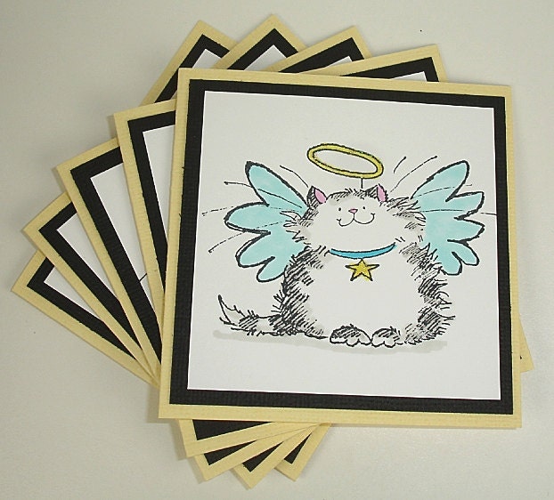 Handmade Blue Angel Cat Gift Cards set of Five
