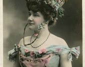Original French vintage real photo postcard - Actress miss Delacour with basket hat - Victorian Paper Ephemera