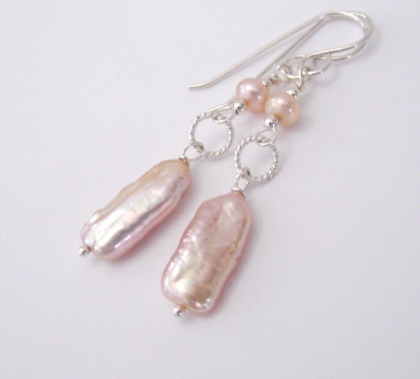 Pink Biwa Pearl Earrings in Sterling Silver, Dangle