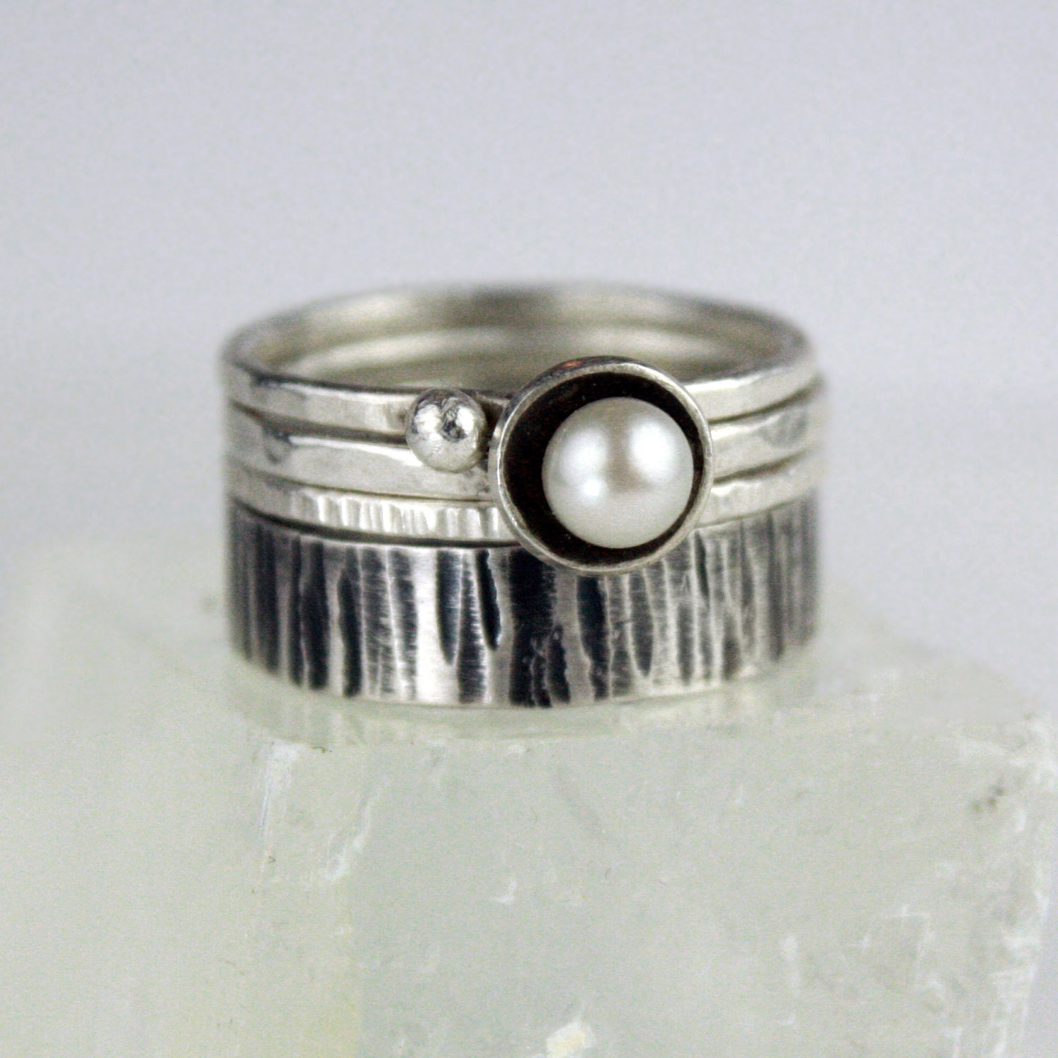 Silver Stacking Rings with Pearl, Wood Grain Texture Band, set of 4