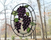 Stained Glass Suncatcher- Grape Clusters - Overlay on Oval Bevel with Clear Crackle Border