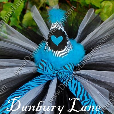 Birthday party hat only, animal zebra print with turquoise feather trim, one size fits all, 1st 2nd 3rd birthday prop -ZEBRA HAT