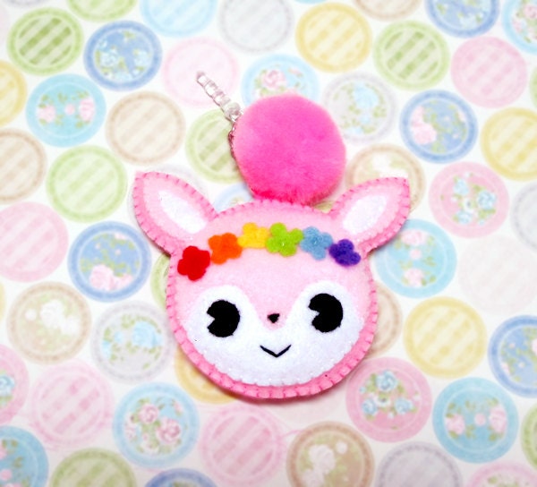 Spring Summer Rainbow Pink Bambi Deer with Pink PomPom Felt iPhone Earphone Plug Dust Plug Ipod Ipad