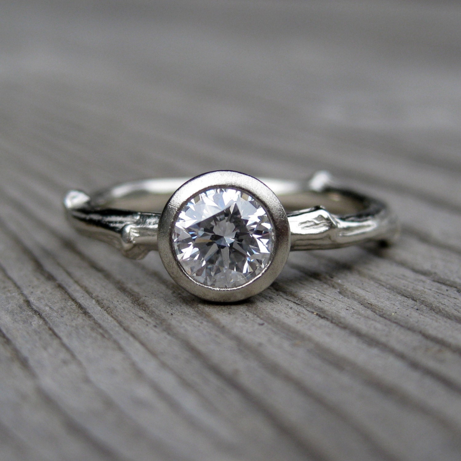 Moissanite Twig Engagement Ring in Recycled White Gold, Half Carat