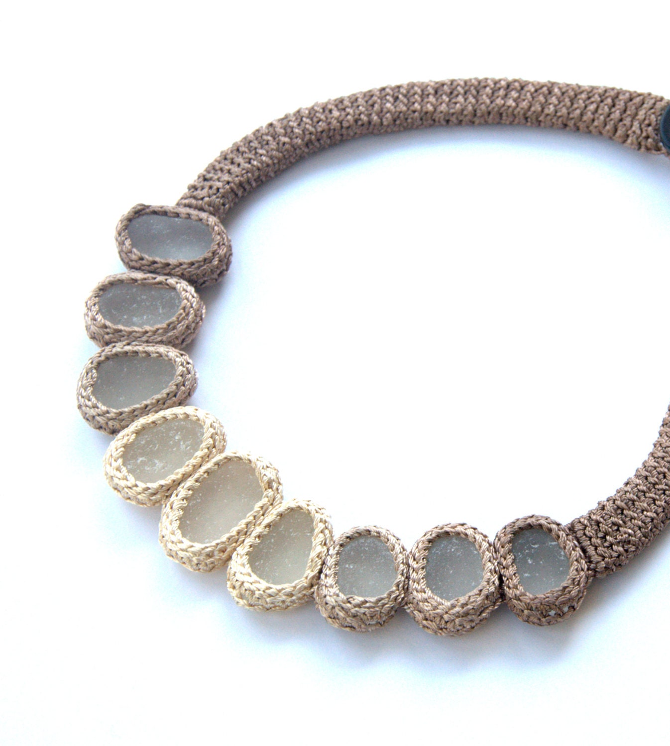 Statement bib necklace 9 sea glass Weddings bride jewelry beige cream crochet collar OOAK boho beach handmade gift her Birthday summer