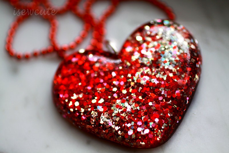 Jewelry, Glitter Heart Shape Jewellery Glitter Necklace, Ruby Red Resin With Silver Rose Splash made with love, Cute Pendant, by isewcute