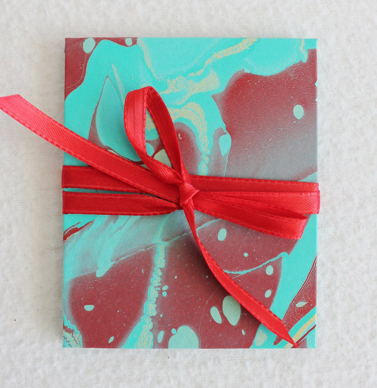 Marbled Red Teal Gold Mini Accordion Book or Card by PrairiePeasant