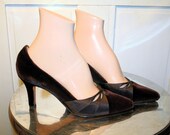80s Brown Velvet Pumps Satin Heels with Cut Outs 8.5 M