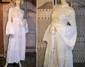 70s Bohemian Wedding Dress White Crochet Lace Bell Sleeves Cotton S