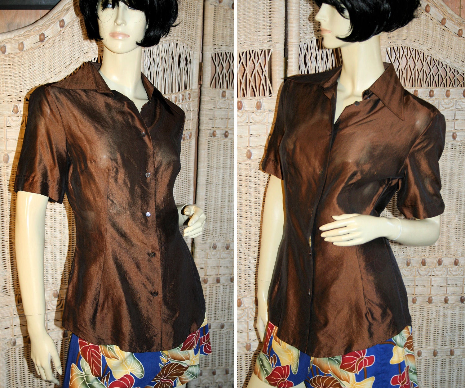 Dolce and Gabbana Blouse Brown Raw Silk 80s Italy Designer Top S
