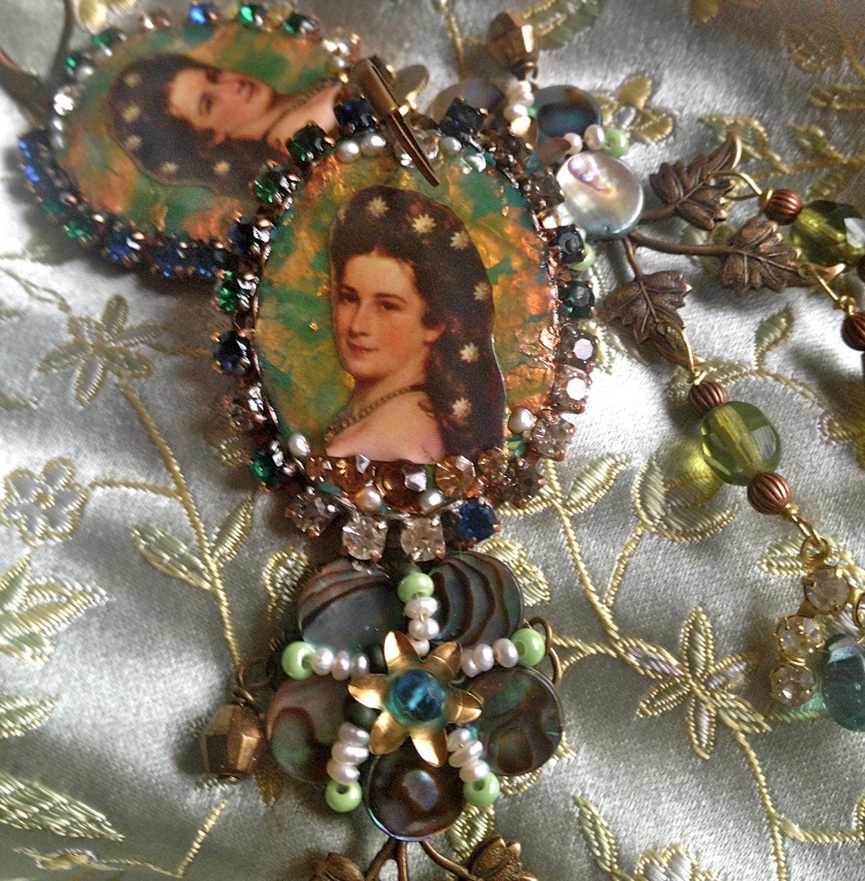 Lilygrace Sissi Cameo Blue and Green Long Dangle Earrings with Abalone, Vintage Rhinestones and Freshwater Pearls