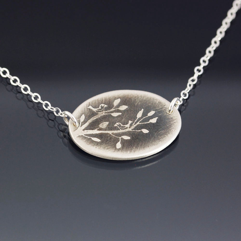Two Birds on Branch Etched Sterling Silver Necklace - Elegant Spring Jewelry