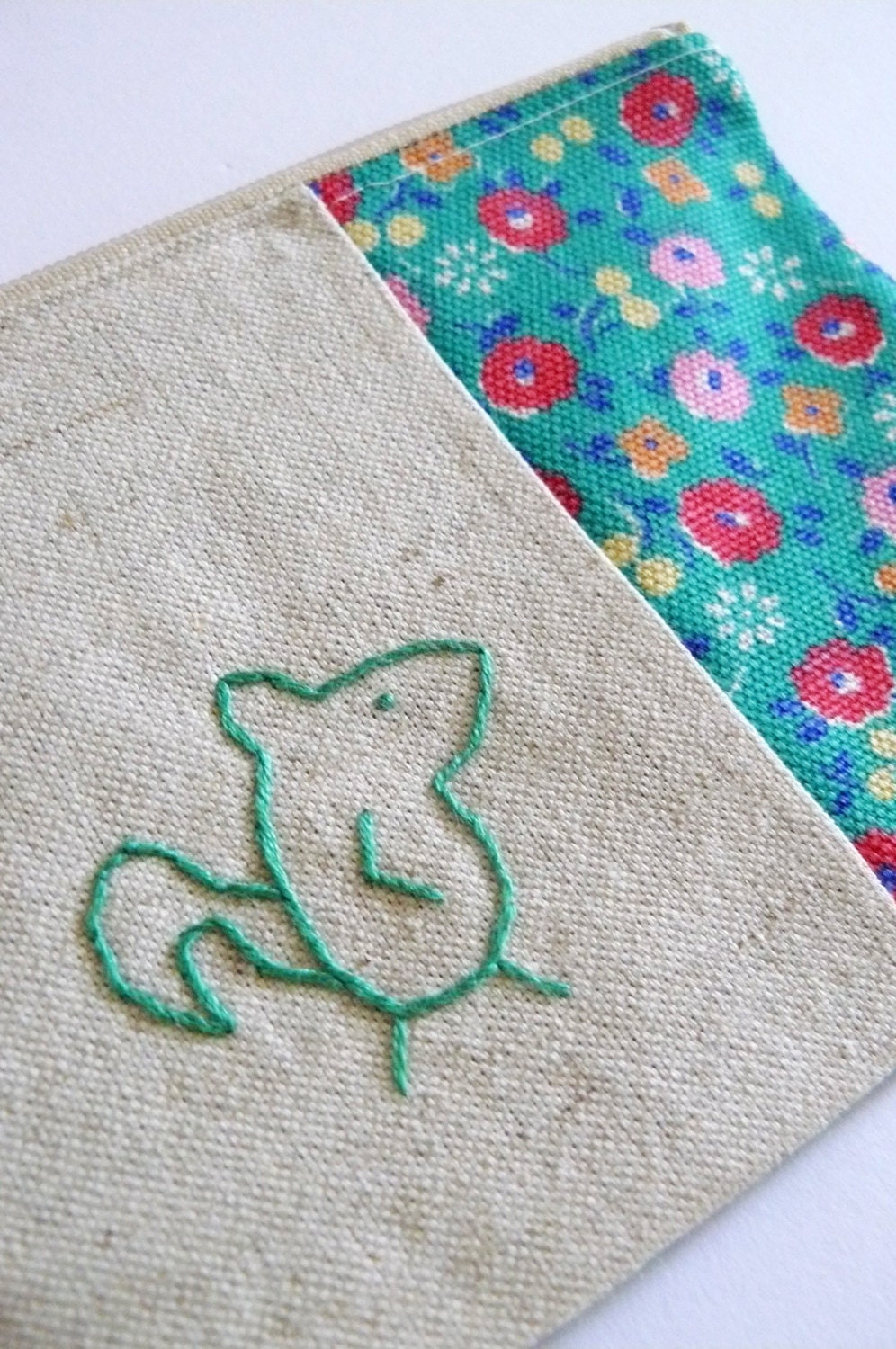 fox or squirrel in emerald green embroidery with floral coin purse