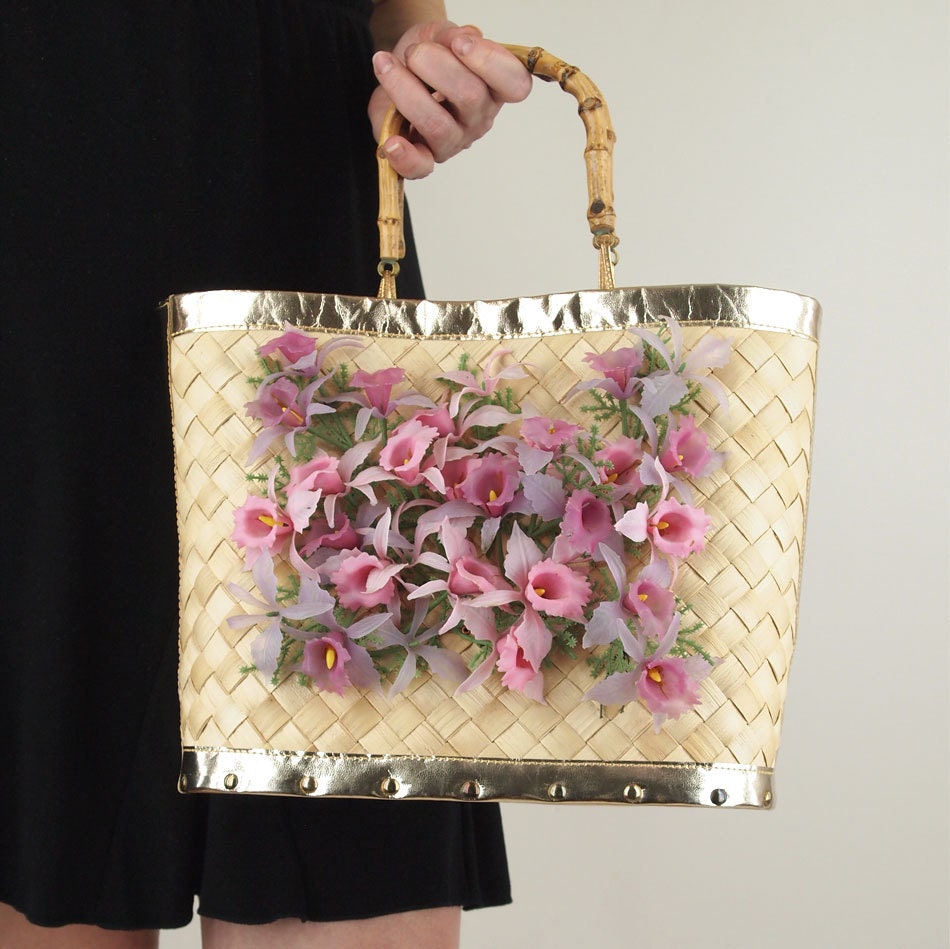Vintage Palm Leaf Tote with Plastic Orchids - Kitschy/Cool - denisebrain