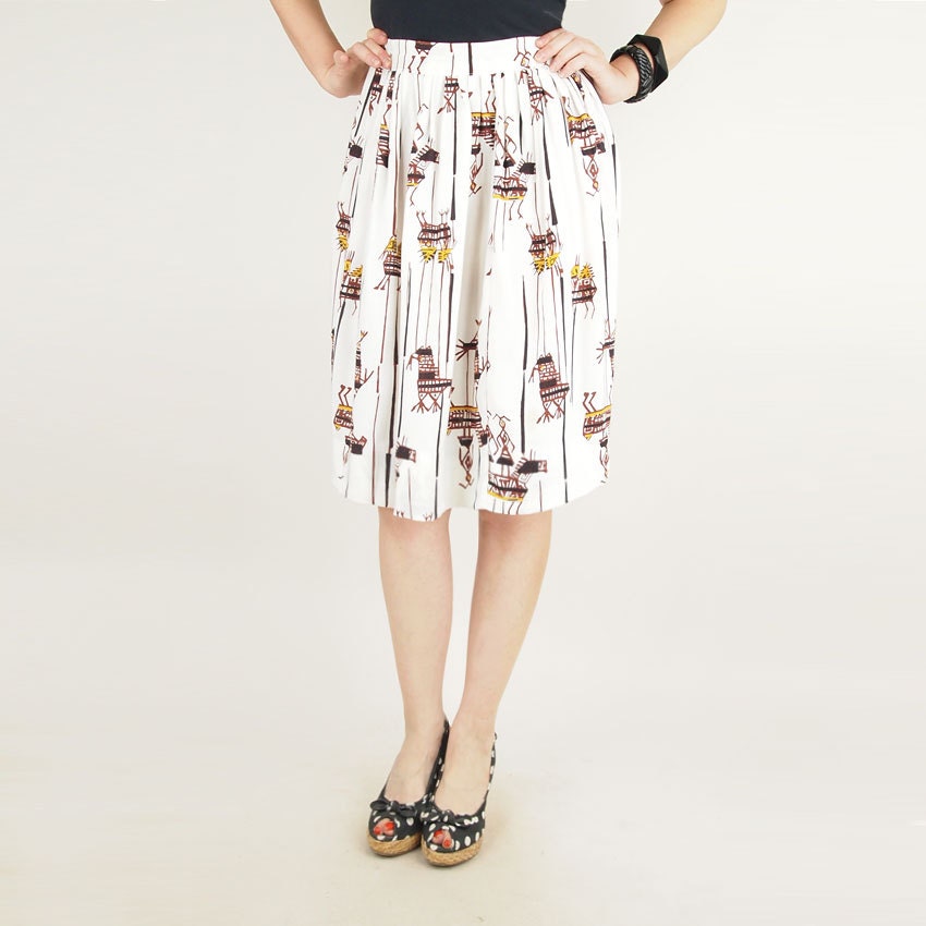 60s White, Brown, Black & Yellow Stylized Primitive Print Linen Full Skirt 24"