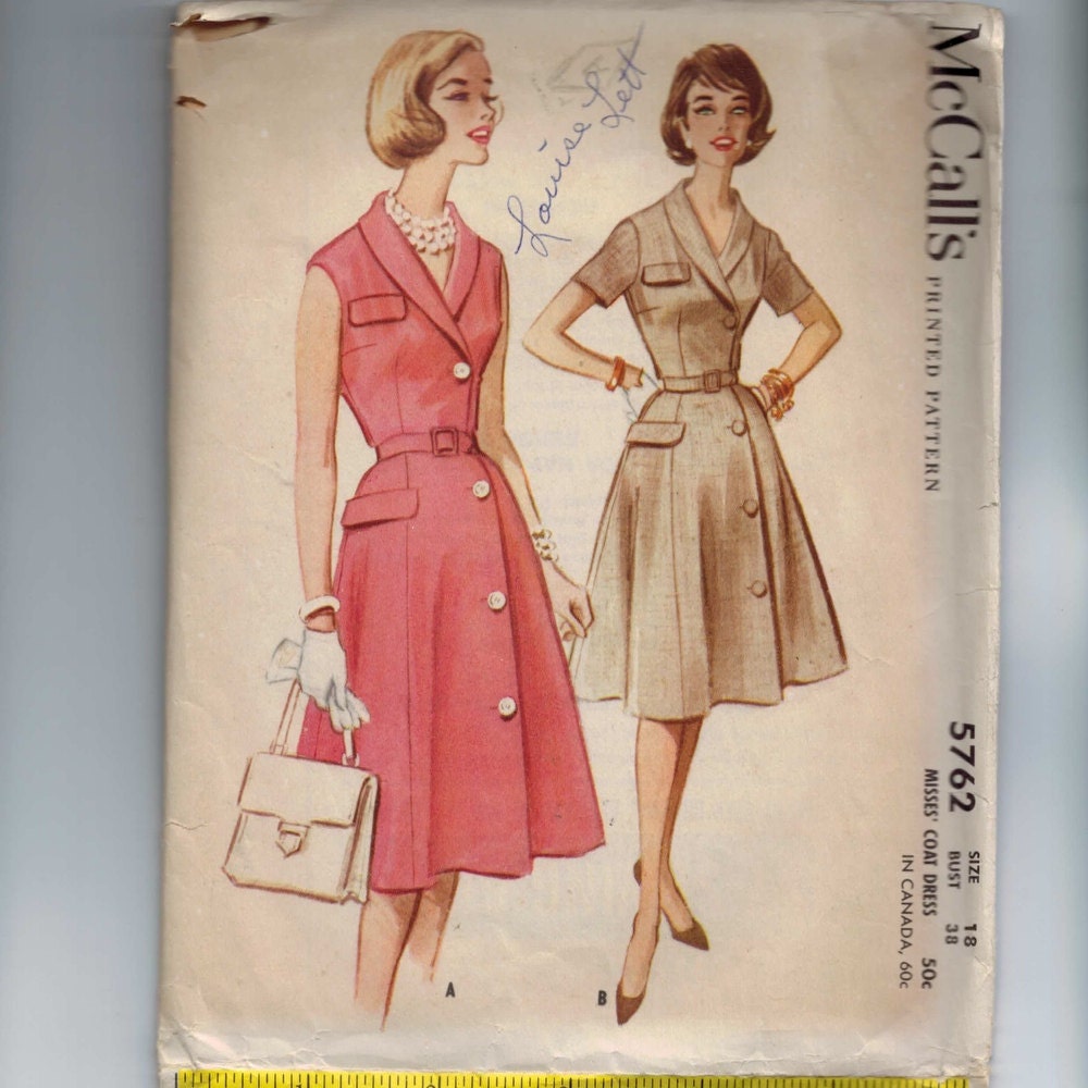 1960s Vintage Sewing Pattern McCalls 5762 Misses Coat Dress Size 18 Bust 38 1961 60s
