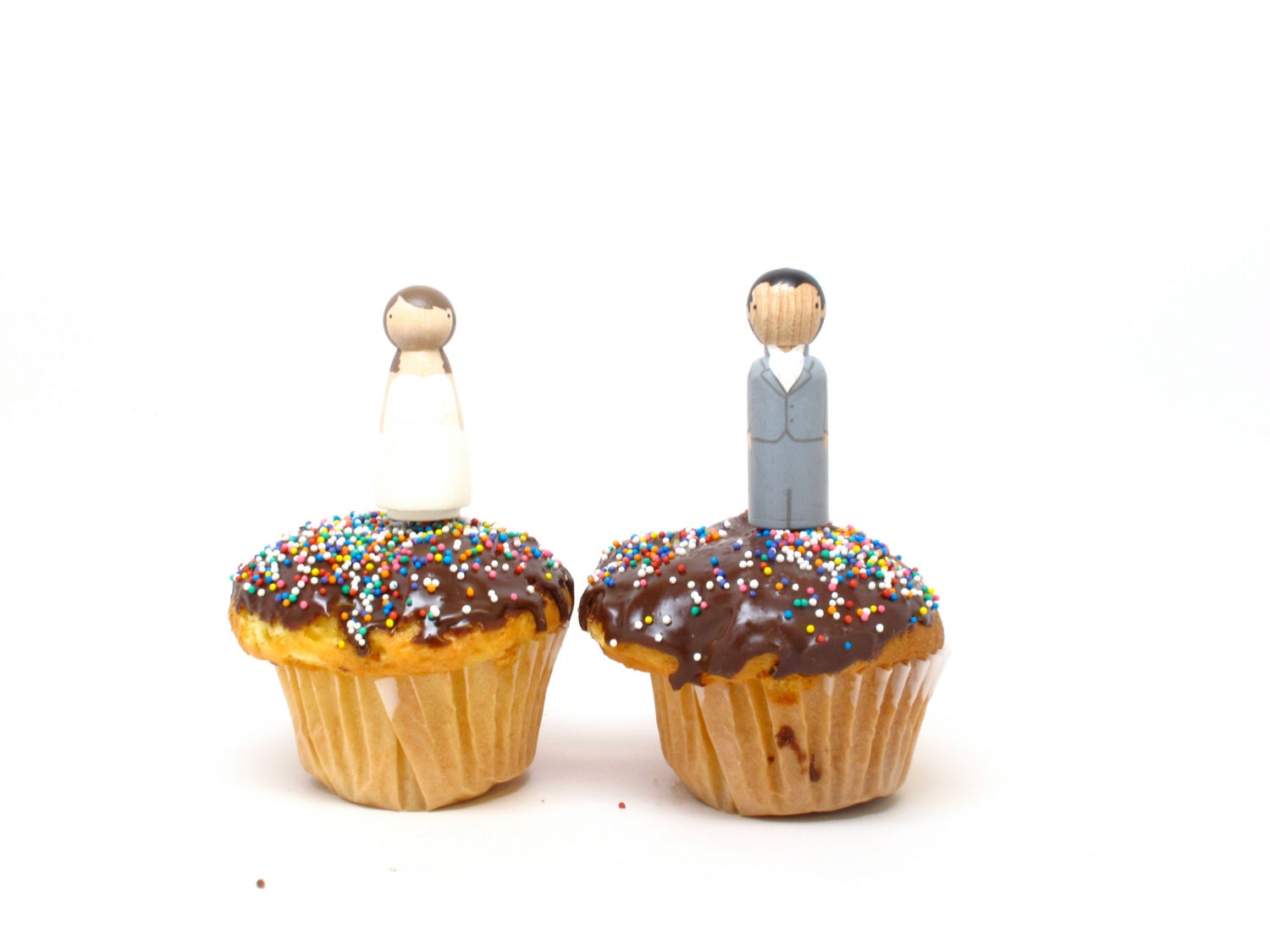 Hand Painted Wedding Cupcake Toppers - Wooden Peg Dolls, 2" tall - Fully Customizable Bride and Groom Cake Toppers