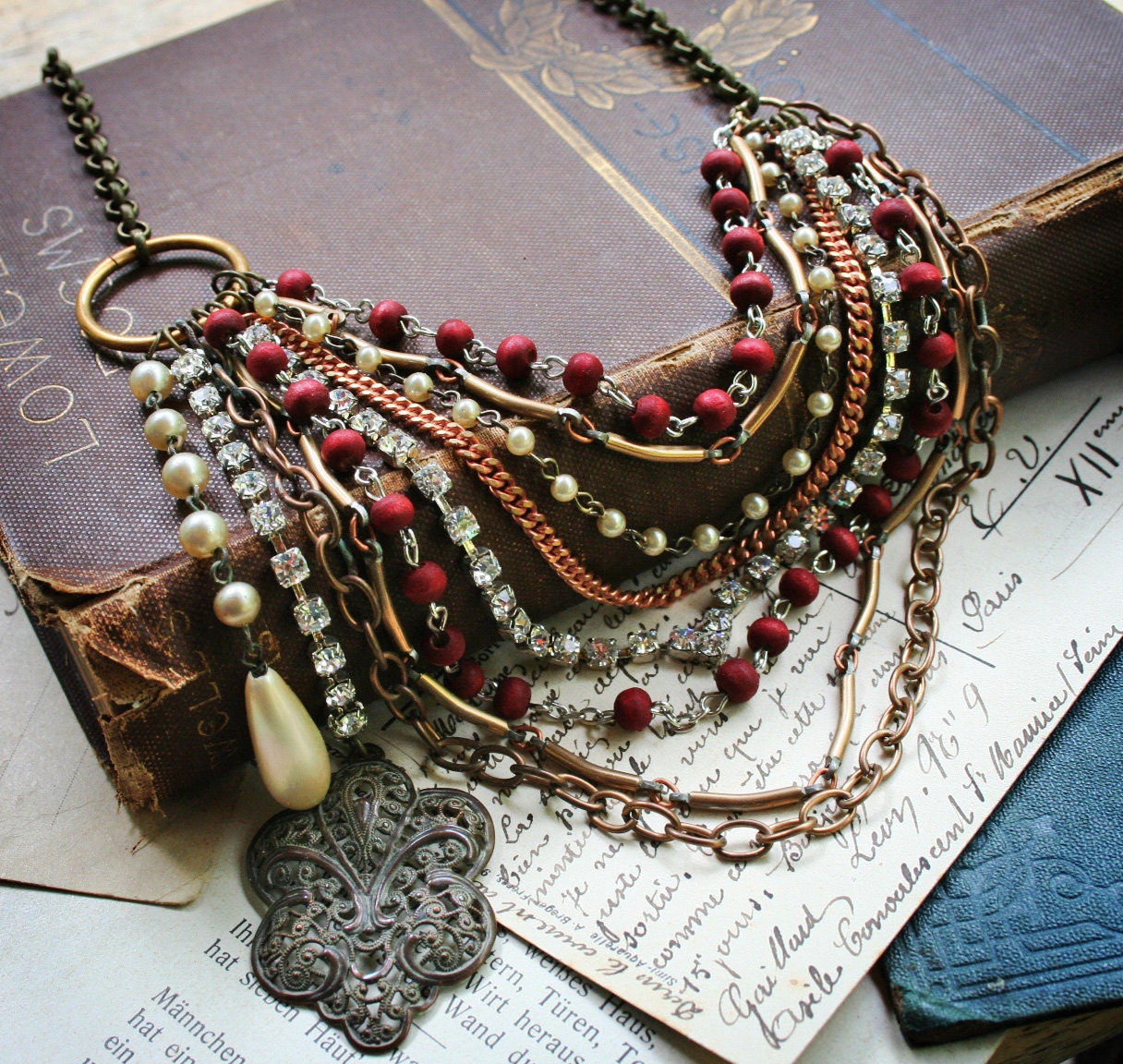 Tamsin - Asymmetrical Multi Chain, Rosary and Rhinestone Necklace