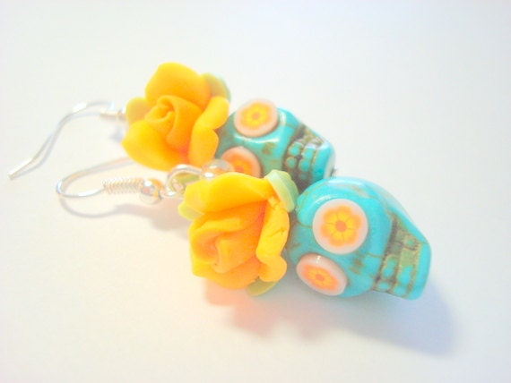 Turquoise and Orange Yellow Day of the Dead Floral Sugar Skull Earrings